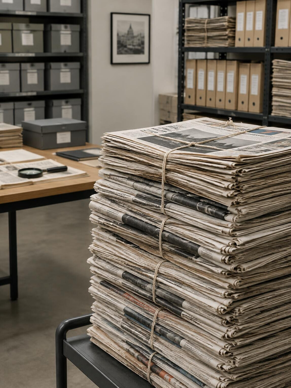 Stack of newspapers in an archive