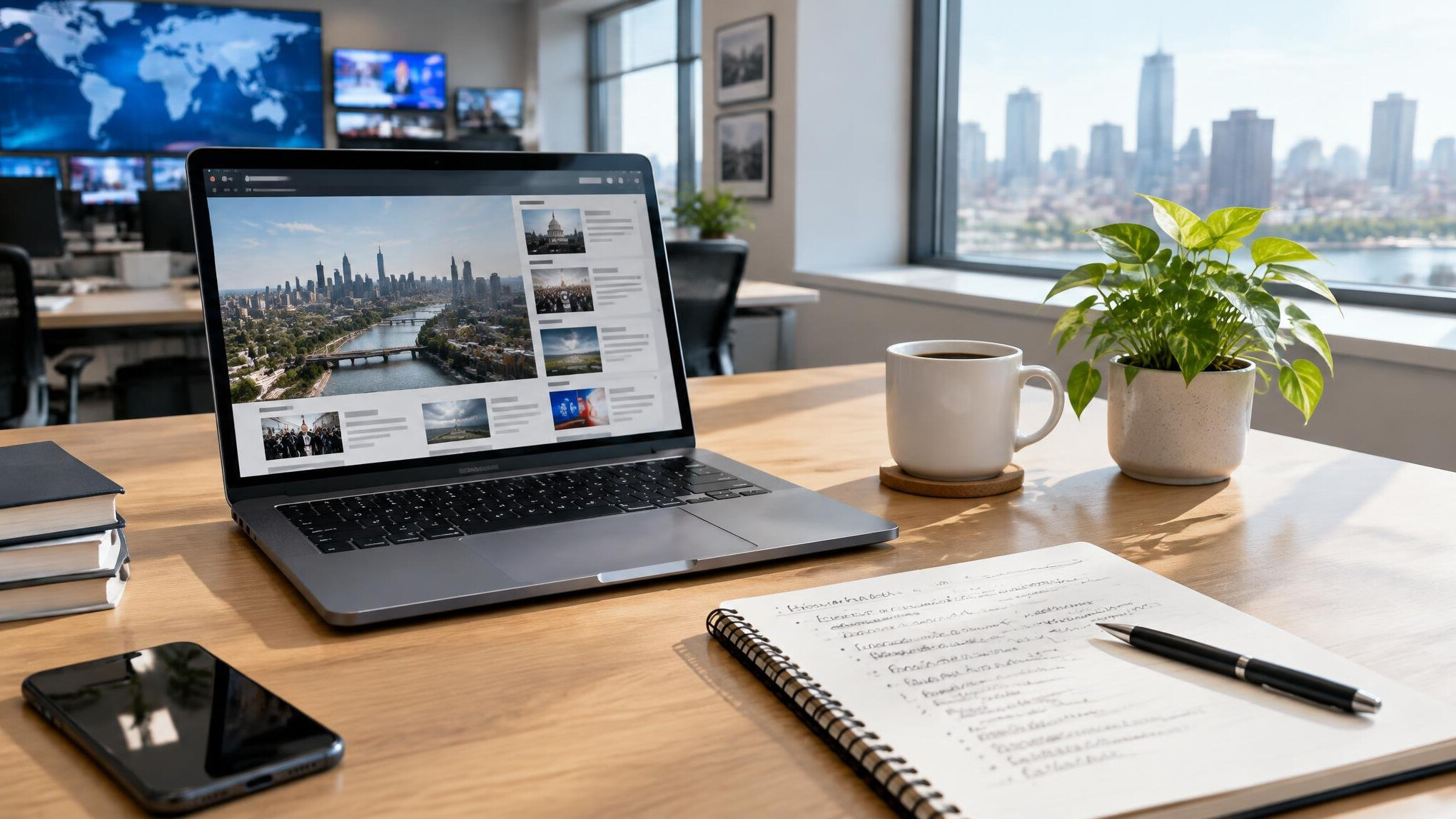 Editor's desk with laptop and notebook in a bright newsroom